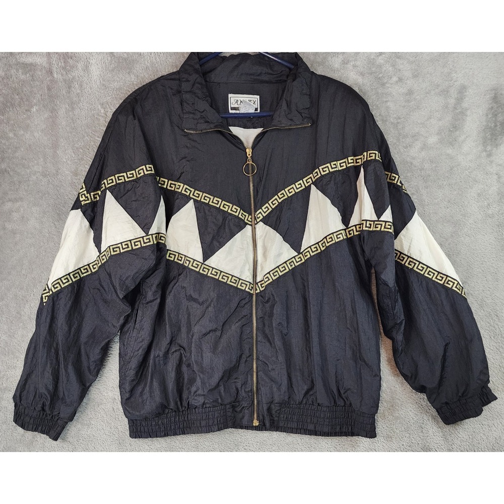 Anney Collection Jacket Womens Large Black Gold 90s Vintage Retro Windbreaker